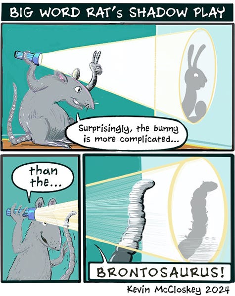 Big Word Rat is shining a flashlight on the wall and making shadows with their paws. The shadow looks like a bunny. The rat says, “Surprisingly, the bunny is more difficult than the brontosaurus.” The rat uses their tail to make the shadow of a bumpy long-necked dinosaur.