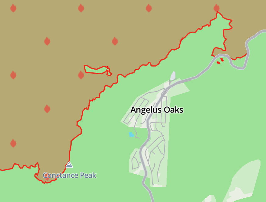 A map view of Angelus Oaks, showing that the Line Fire stopped growing near the area which had been treated using prescribed fire A map view of Angelus Oaks, showing that the Line Fire stopped growing near the area which had been treated using prescribed fire