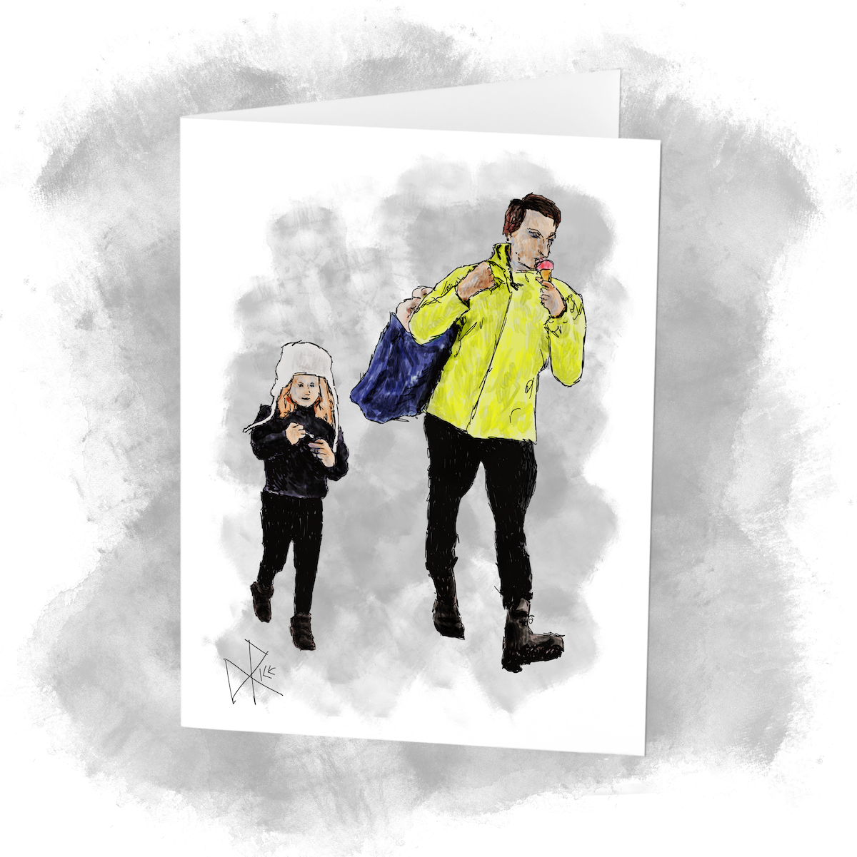 A father and young daughter, dressed for cold weather, walk through the mall while eating ice cream on the go. Sketch art by Don Rice.