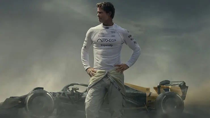Brad Pitt as Sonny Hays in F1: The Movie.