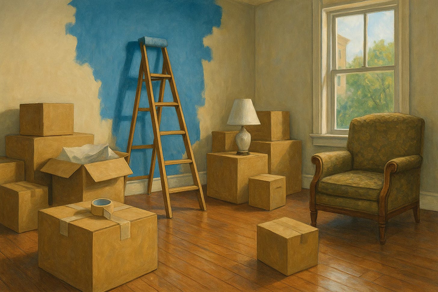A room mid-move with cardboard boxes, a step ladder, and a wall partially painted blue. An old armchair sits near a sunny window, symbolizing the overlap of old and new. A room mid-move with cardboard boxes, a step ladder, and a wall partially painted blue. An old armchair sits near a sunny window, symbolizing the overlap of old and new.
