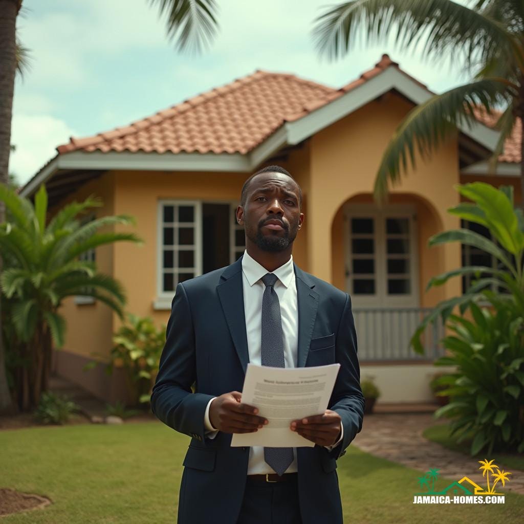 A suited Jamaican homeowner, standing in front of a picturesque Caribbean-style house with a vibrant tropical garden, looking concerned while holding a document, as if pondering the implications of vicarious liability, captured in a breathtaking, cinematic film still, reminiscent of the works of Terrence Malick, with the warm, sun-kissed aesthetic of a Wes Anderson film, and the dramatic lighting of a Stanley Kubrick masterpiece, shot on a high-end V-Raptor XL camera, with a subtle film grain, noticeable vignette, and impeccable color grading, evoking the nostalgic feel of 35mm film, with a blend of atmospheric, warm, and cool tones, and a dash of cinematic magic.