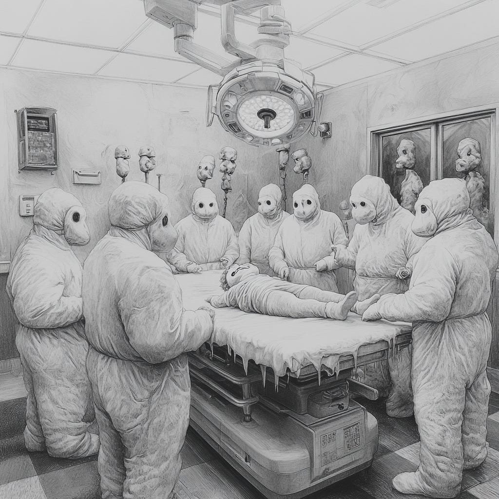 An operating theatre with a strange figure on the bed and shrouded "doctors" standing round it. Image created by author on Midjourney.