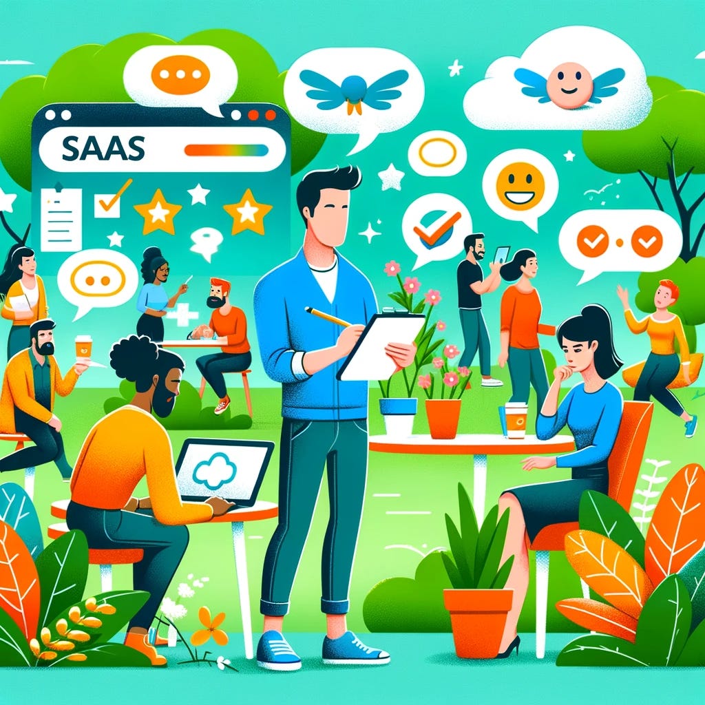 A modern, cartoon-style illustration of a product discovery process. An anthropologist is in a natural habitat observing users interacting with a SaaS product. The anthropologist is taking notes and using tools like a tablet or a notepad. Users are shown in various activities such as using a computer, talking to each other, and engaging with the product in different ways. The setting is casual and vibrant, with bright colors and a fresh, contemporary design. Elements like speech bubbles and thought clouds can be used to show user feedback and insights. The overall scene should feel dynamic and engaging, capturing the essence of empathy and observation in product discovery.
