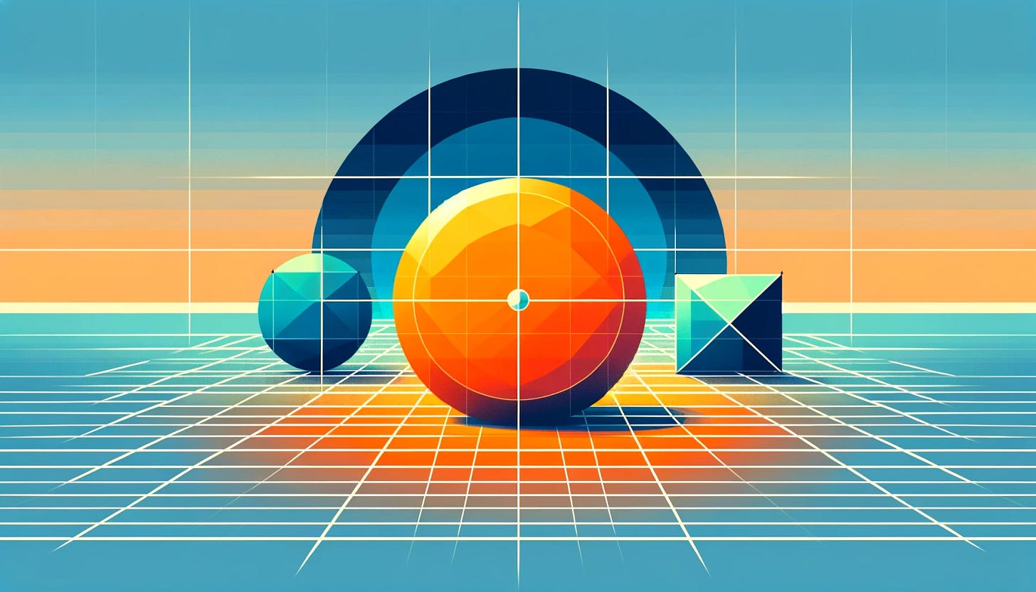 A landscape-oriented, low poly style illustration featuring geometric shapes on a grid. In the center, there's an orange square. Above the square is a blue circle, and below it, a green triangle. The grid background provides alignment and symmetry. The shapes are in vibrant colors, with the low poly style giving them a faceted, slightly three-dimensional appearance. The grid lines are subtle yet visible, creating a structured yet artistic composition.
