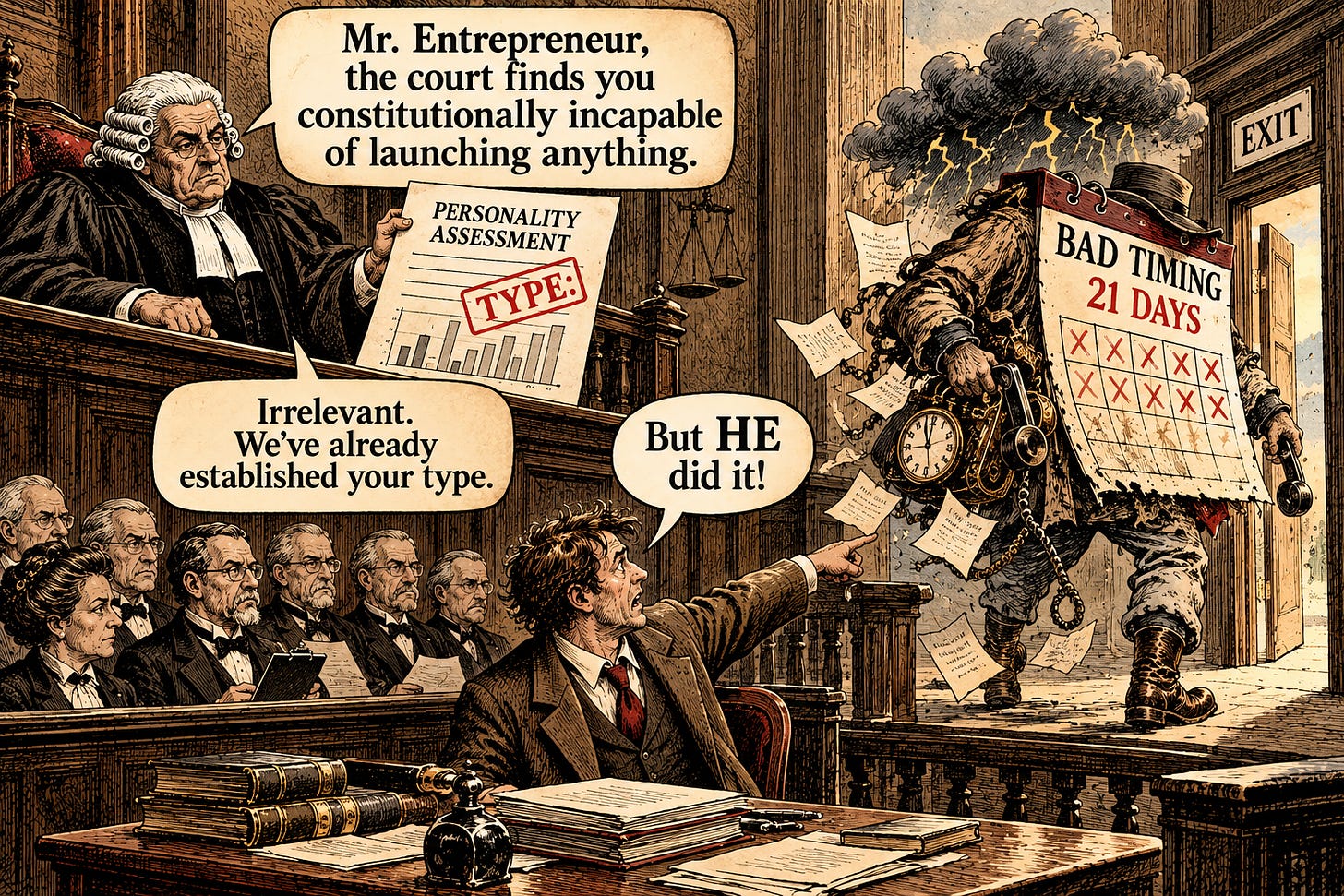 A courtroom engraving. A judge holding a personality assessment tells an entrepreneur the court finds him incapable of launching anything; "Irrelevant. We've already established your type." The entrepreneur points at a figure labelled Bad Timing, 21 days, walking out the exit: "But HE did it." A courtroom engraving. A judge holding a personality assessment tells an entrepreneur the court finds him incapable of launching anything; "Irrelevant. We've already established your type." The entrepreneur points at a figure labelled Bad Timing, 21 days, walking out the exit: "But HE did it."
