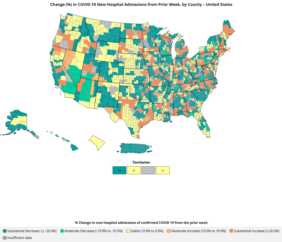 A map of the United States at the county-level and color-coded in shades of light red, orange, yellow, green, and gray displaying percent change in new hospital admissions of COVID from April 6, 2024 compared to March 30, 2024. Orange and red correlate to increased hospitalizations, green is decreased hospitalizations, yellow represents no change, and gray indicates insufficient data. Each of these colors is scattered throughout the country, including . Title of the map reads, “Change (%) in COVID-19 New Hospital Admissions from Prior Week, by County - United States.” Many counties across the country are experiencing increases in new hospital admissions with over 25% of all counties. Source: CDC.
