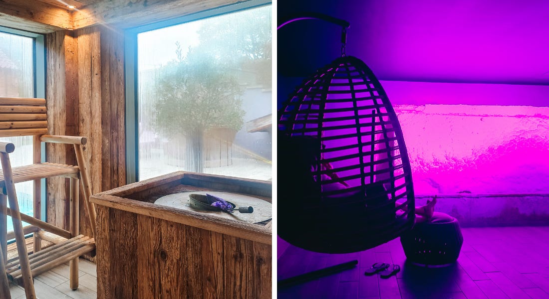 Two pictures - one of an aroma room with a wooden table and seat, and one of a purple-lit salt room with a hanging egg chair