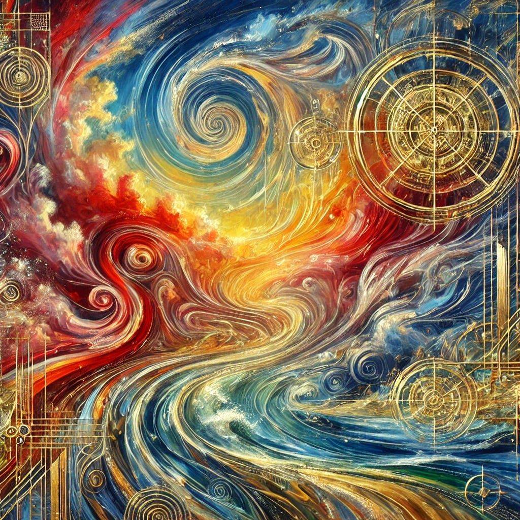 A vibrant abstract, impressionist oil painting focusing on the concept of etheric weather engineering. The painting highlights swirling, dynamic etheric flows in radiant reds, golds, and silvers, representing energy manipulation and transformation. These bold colours are interwoven with intricate golden geometric patterns that symbolize advanced technological devices. The background blends shades of deep blue and green, creating a striking contrast that suggests the interplay between the ether and natural weather systems. Subtle hints of maritime elements and bold, expressive brushstrokes evoke movement, energy, and the seamless fusion of nature and technology. A vibrant abstract, impressionist oil painting focusing on the concept of etheric weather engineering. The painting highlights swirling, dynamic etheric flows in radiant reds, golds, and silvers, representing energy manipulation and transformation. These bold colours are interwoven with intricate golden geometric patterns that symbolize advanced technological devices. The background blends shades of deep blue and green, creating a striking contrast that suggests the interplay between the ether and natural weather systems. Subtle hints of maritime elements and bold, expressive brushstrokes evoke movement, energy, and the seamless fusion of nature and technology.