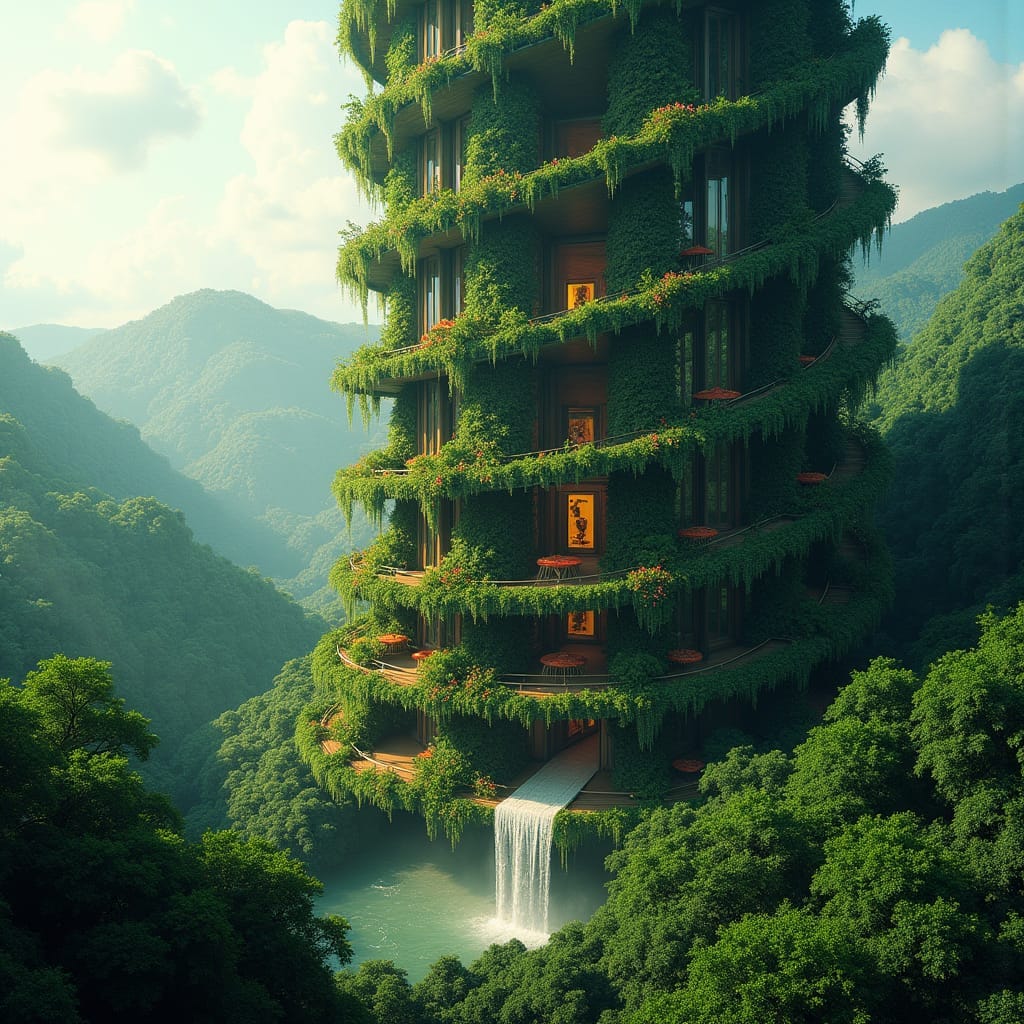 A twisting, vertical tower rising from the rainforest, spiraling upward through Jamaica’s lush tropical landscape. 
