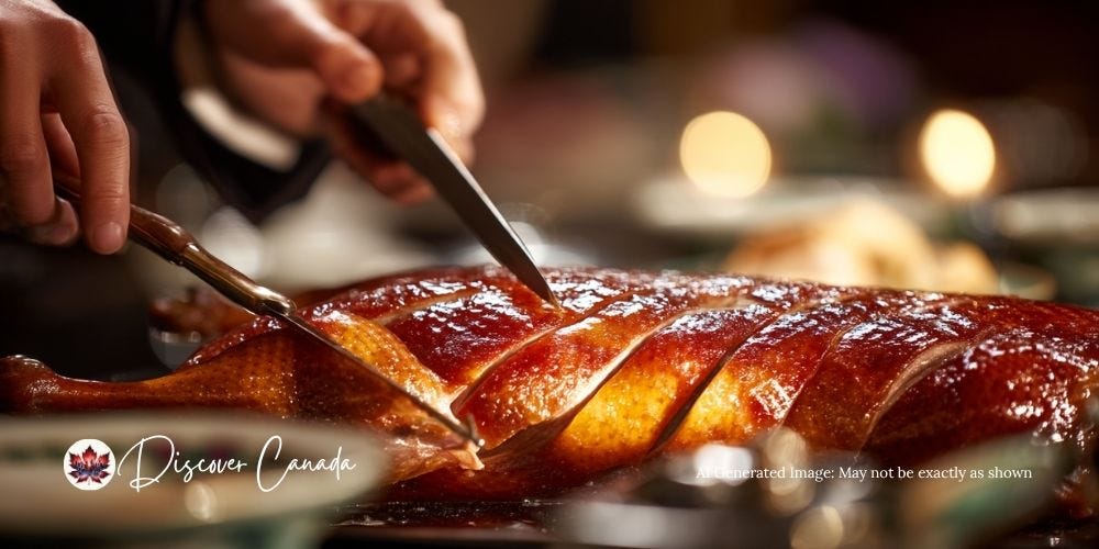 Apple-wood roasted Peking duck at Mott 32 Vancouver, served with glossy lacquered skin and traditional carving.