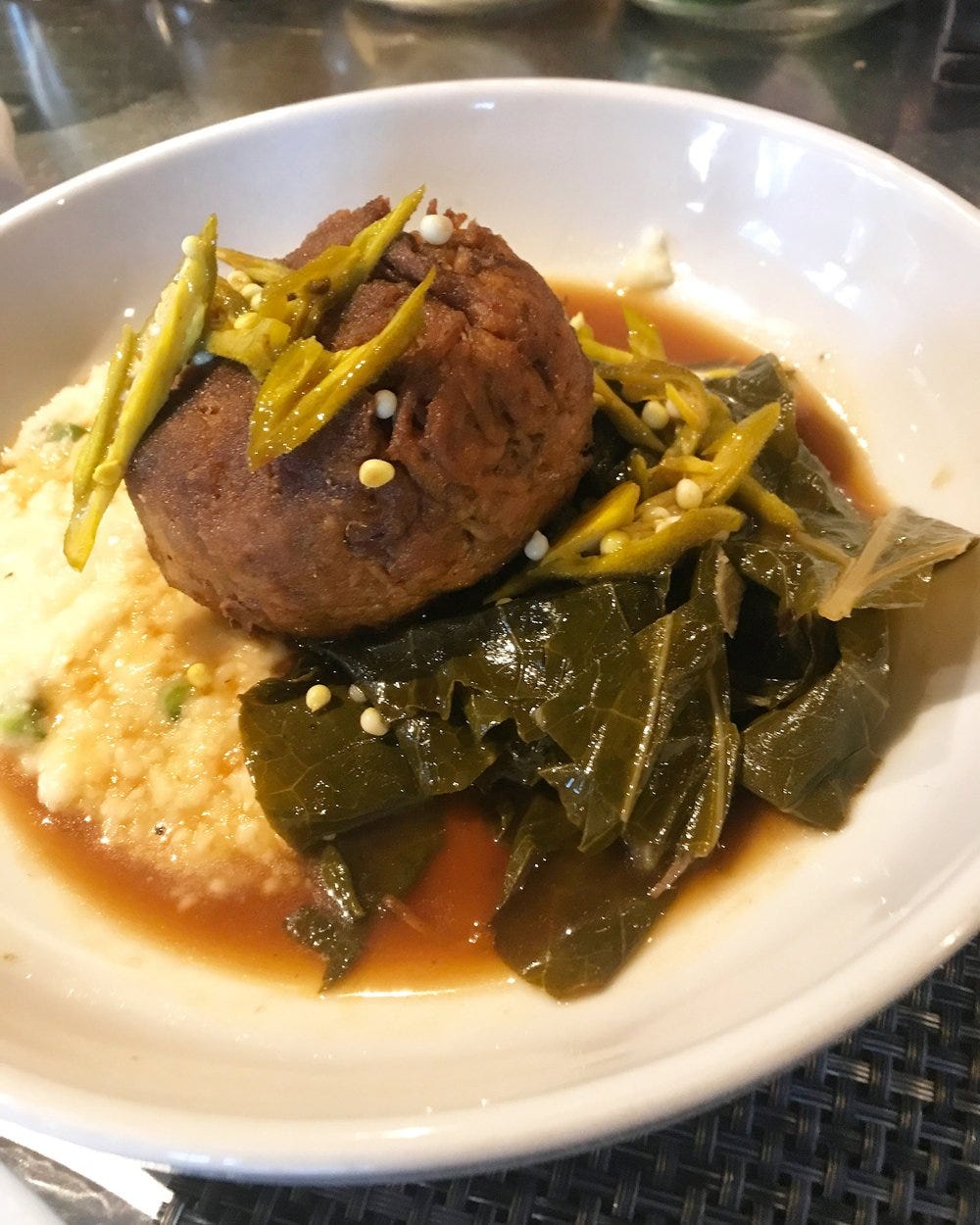Pulled pork with picked okra, collard greens, and cheesey grits, Cochon Butcher NOLA Pulled pork with picked okra, collard greens, and cheesey grits, Cochon Butcher NOLA