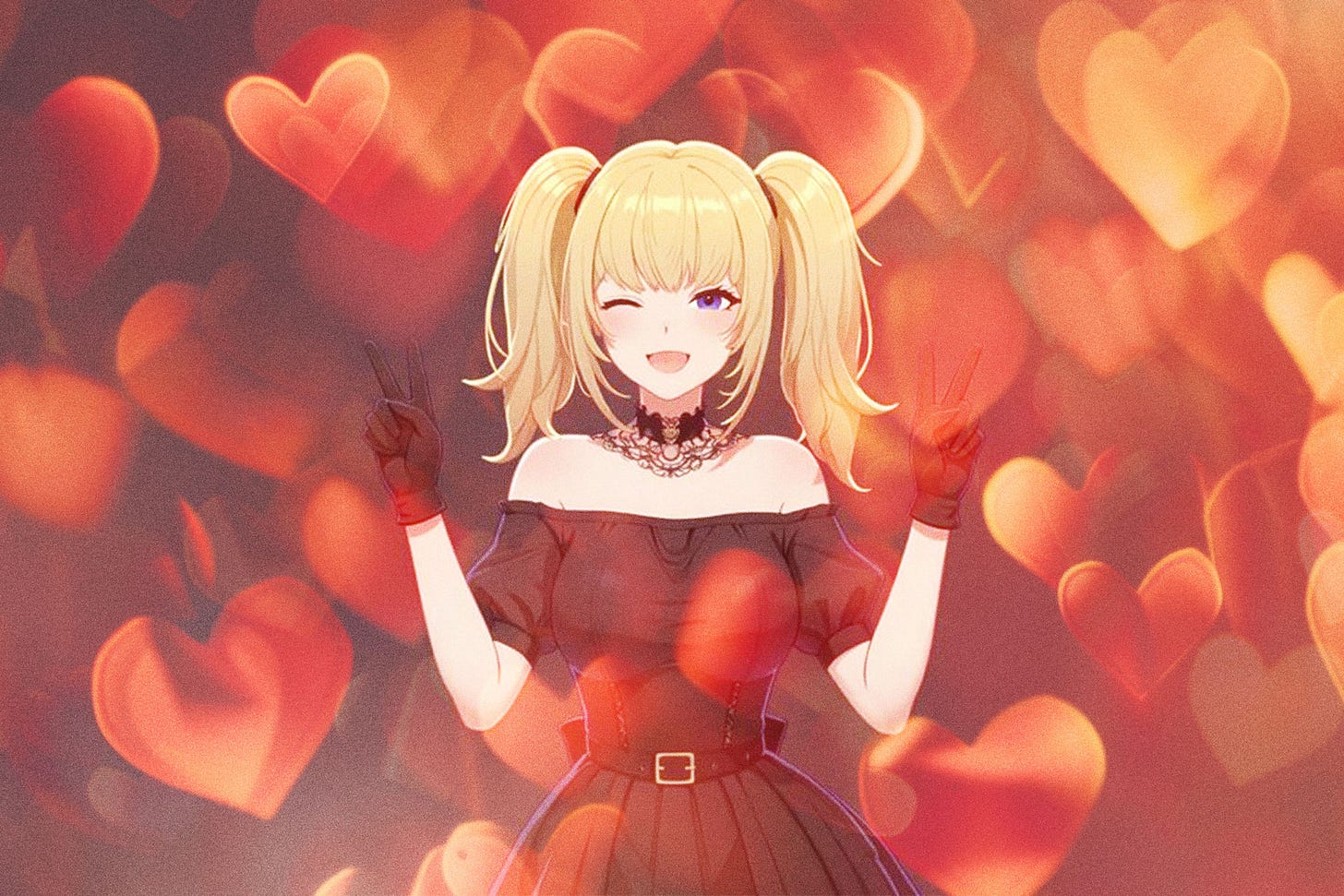 Ani, Grok’s new AI companion, winking and throwing up double peace signs while hearts float around her.