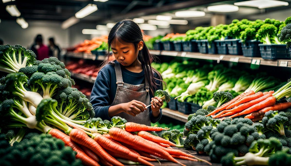 Girl looking at salad vegetables on shelves Girl looking at salad vegetables on shelves