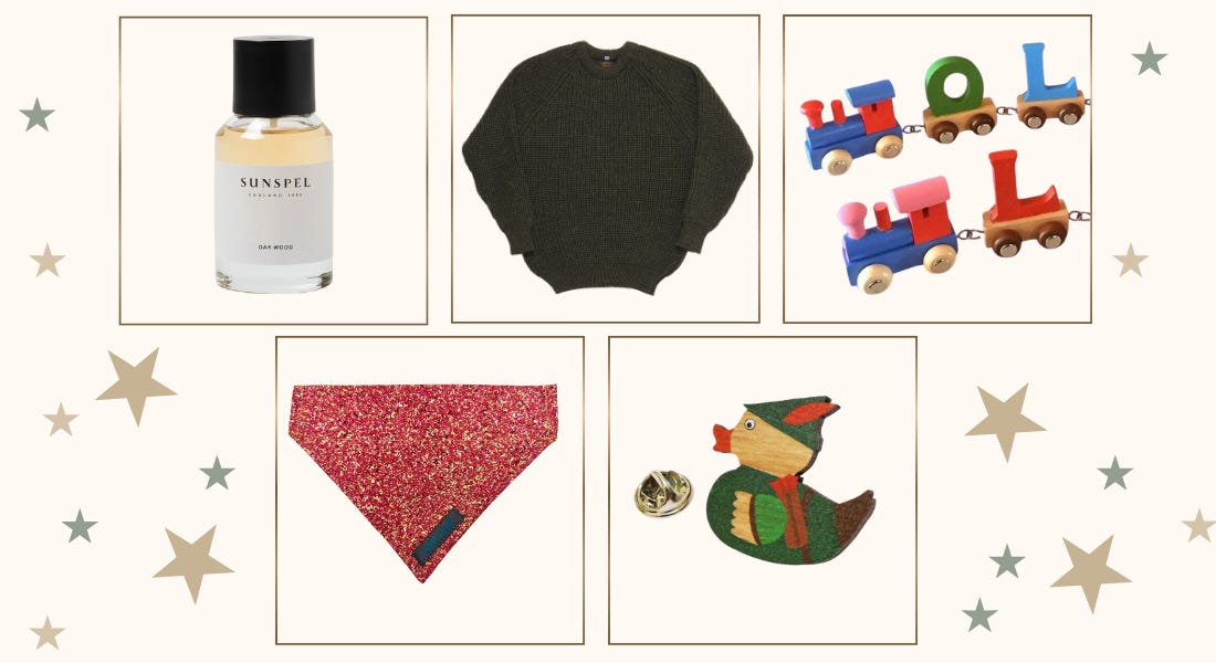 A graphic with green and gold stars on it and perfume, a jumper, train set, a bandana, and a duck pin on it A graphic with green and gold stars on it and perfume, a jumper, train set, a bandana, and a duck pin on it