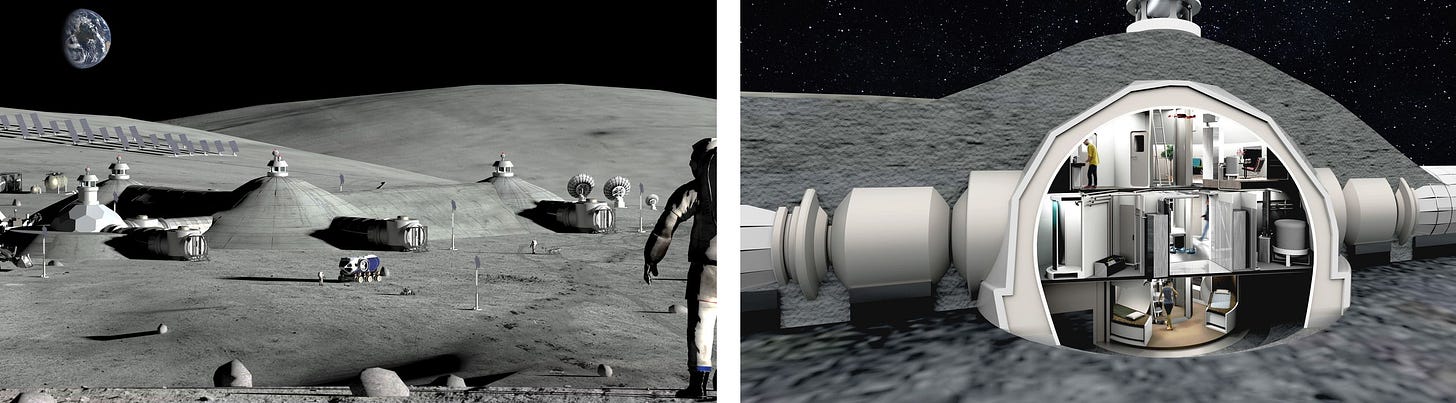 Renderings of a moon village, domes buried under the Moon's surface, a view inside an apartment with a ladder and modern furnishings. Renderings of a moon village, domes buried under the Moon's surface, a view inside an apartment with a ladder and modern furnishings.