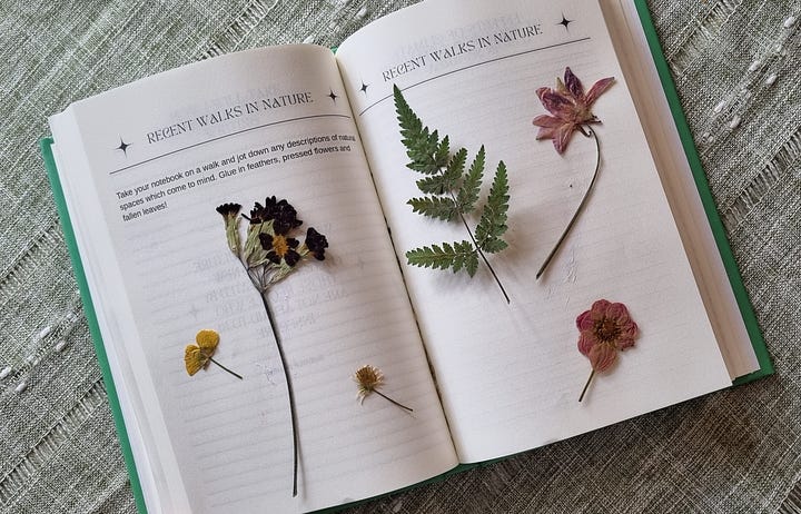 pages from the Writers Handbook titled 'Writing Inspirations' and 'Walks in Nature' with magazine cuttings and pressed flowers pasted in.