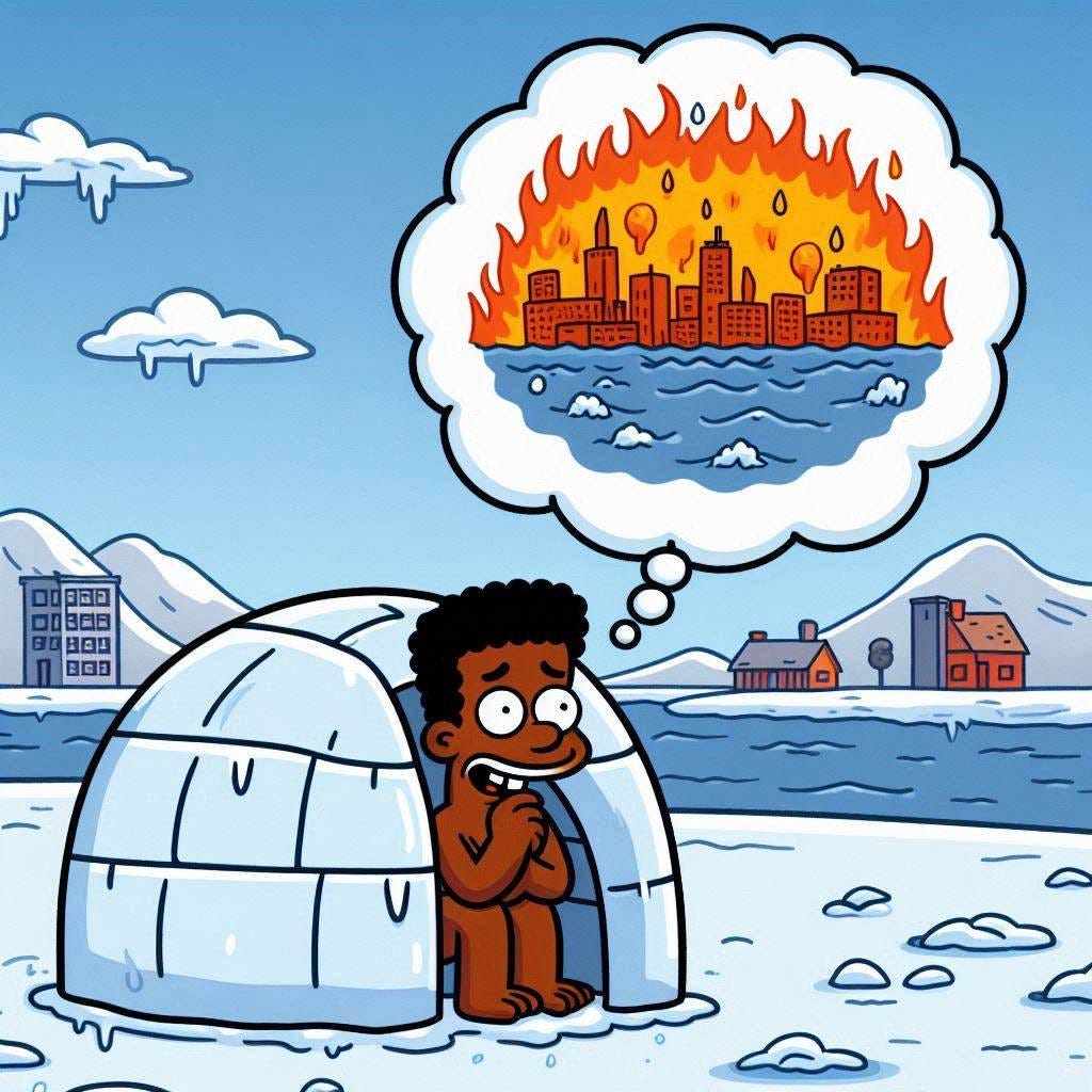 a shivering person in an igloo who has a thought bubble showing them thinking about a swelteringly hot landcape in the style of the simpsons