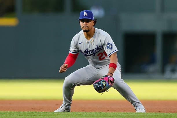 Santiago Espinal of the Los Angeles Dodgers prepares for the pitch in the first inning against the Colorado Rockies at Coors Field on April 20, 2026...