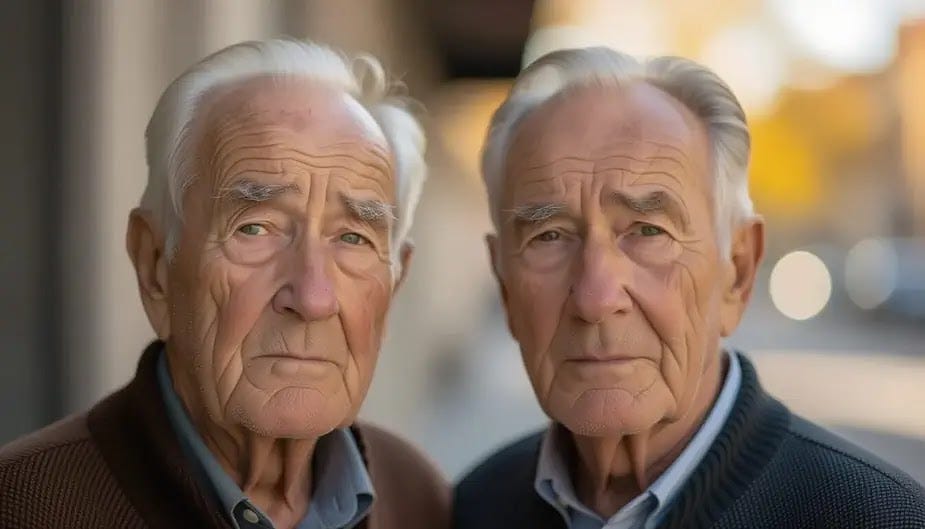 Two older twins are standing together. A set of older twins: one appears frailer and confused, while the other looks concerned.