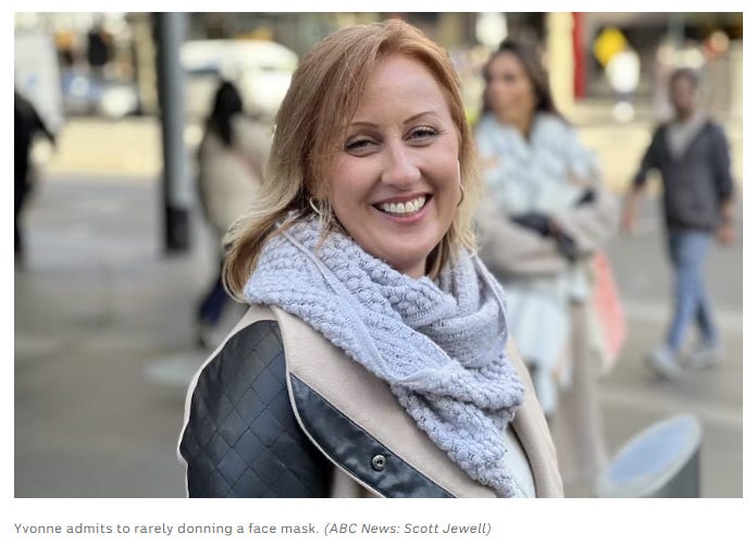 picture of a smiling woman on a city street. Caption to photograph reads: Yvonne admits to rarely donning a face mask. Photo credit ABC News: Scott Jewell.
