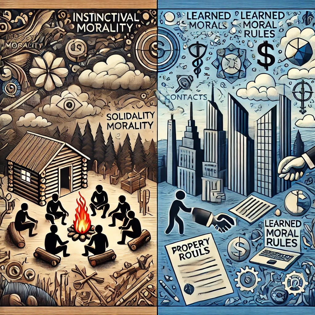 Create a simplified image symbolizing the conflict between two types of moralities. On one side, depict a small, close-knit group around a campfire, representing instinctual morality with themes of solidarity and altruism. On the other side, show a modern cityscape with abstract symbols of property rights, contracts, and market transactions, representing learned moral rules necessary for large, complex societies. The image should visually suggest a tension or balance between these two worlds.