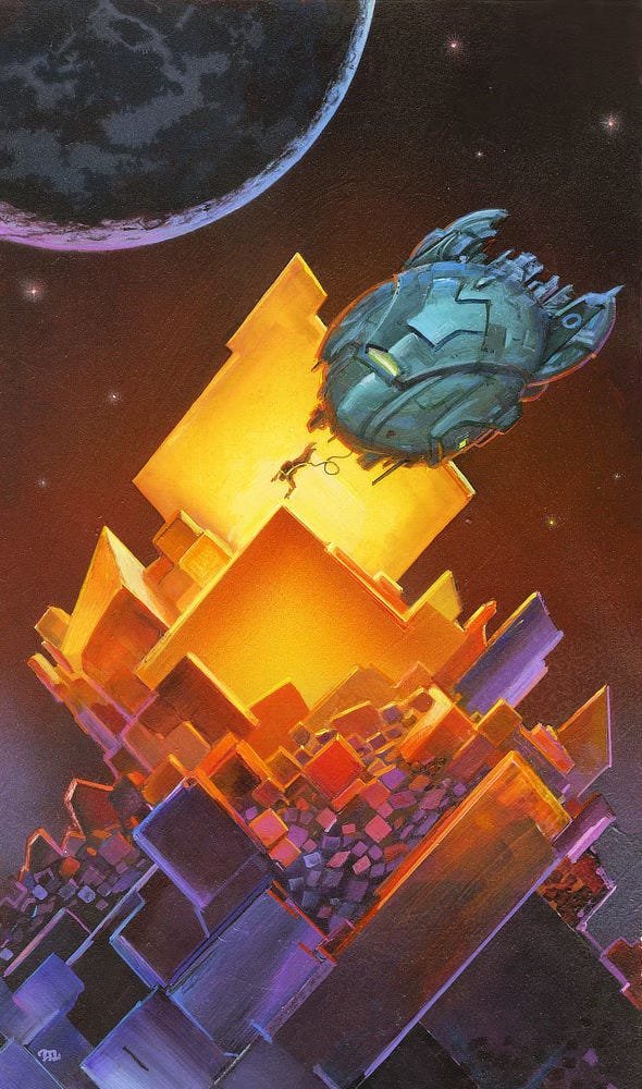 A figure dives out of a spaceship angling down over a massive cubic crystal formation. His tether loops as if free of gravity. In the upper left, a moon hangs against dark sky. The scene is illuminated by the glow of the yellow-orange crystals. Lower in the formation colors shift to pink and then purple with the cubes varying greatly in size. A figure dives out of a spaceship angling down over a massive cubic crystal formation. His tether loops as if free of gravity. In the upper left, a moon hangs against dark sky. The scene is illuminated by the glow of the yellow-orange crystals. Lower in the formation colors shift to pink and then purple with the cubes varying greatly in size.