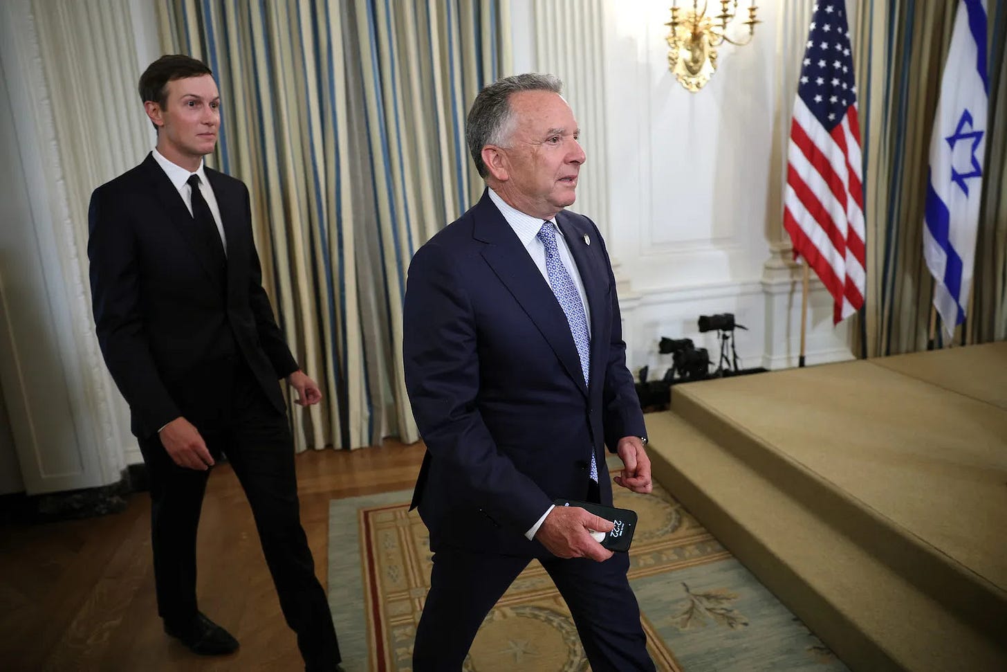 U.S. special envoy Steve Witkoff and Jared Kushner, son-in-law to U.S. President Donald Trump, arrive for a joint news conference in Washington.