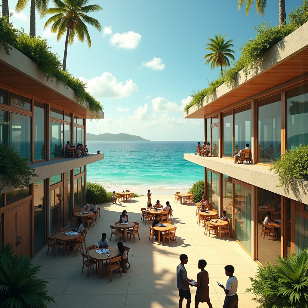 A serene coastal school on Jamaica's northern shore, where weathered wooden accents and sleek glass façades blend seamlessly into the sun-kissed sandy beaches and palm-fringed coastline. Classrooms with sliding glass doors and reclaimed wood interiors open out to breathtaking views of the turquoise sea, as students gather in outdoor learning areas, their lively discussions framed by the picturesque beach backdrop. Black students from diverse backgrounds mingle in groups, their faces aglow with curiosity, as they learn amidst the soothing sounds of the waves. Above, a rooftop park flourishes with lush greenery, solar panels, and comfortable seating areas, creating an eco-friendly oasis. The atmosphere is relaxed and tropical, with a warm golden light casting a sense of tranquility over the entire scene. 