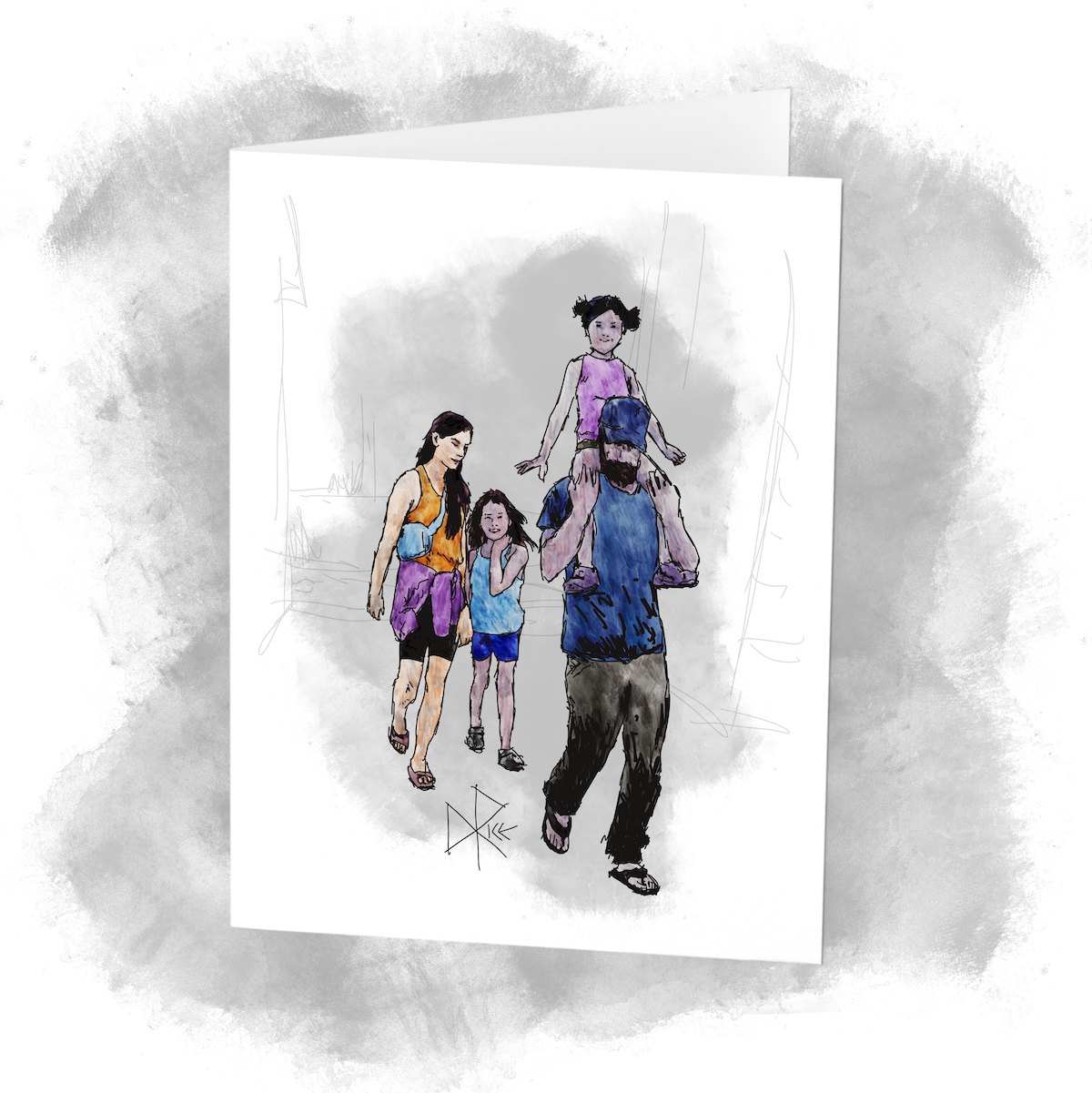 A happy family walks near the beach, having an enjoyable day with each other. Sketch art by Don Rice. A happy family walks near the beach, having an enjoyable day with each other. Sketch art by Don Rice.