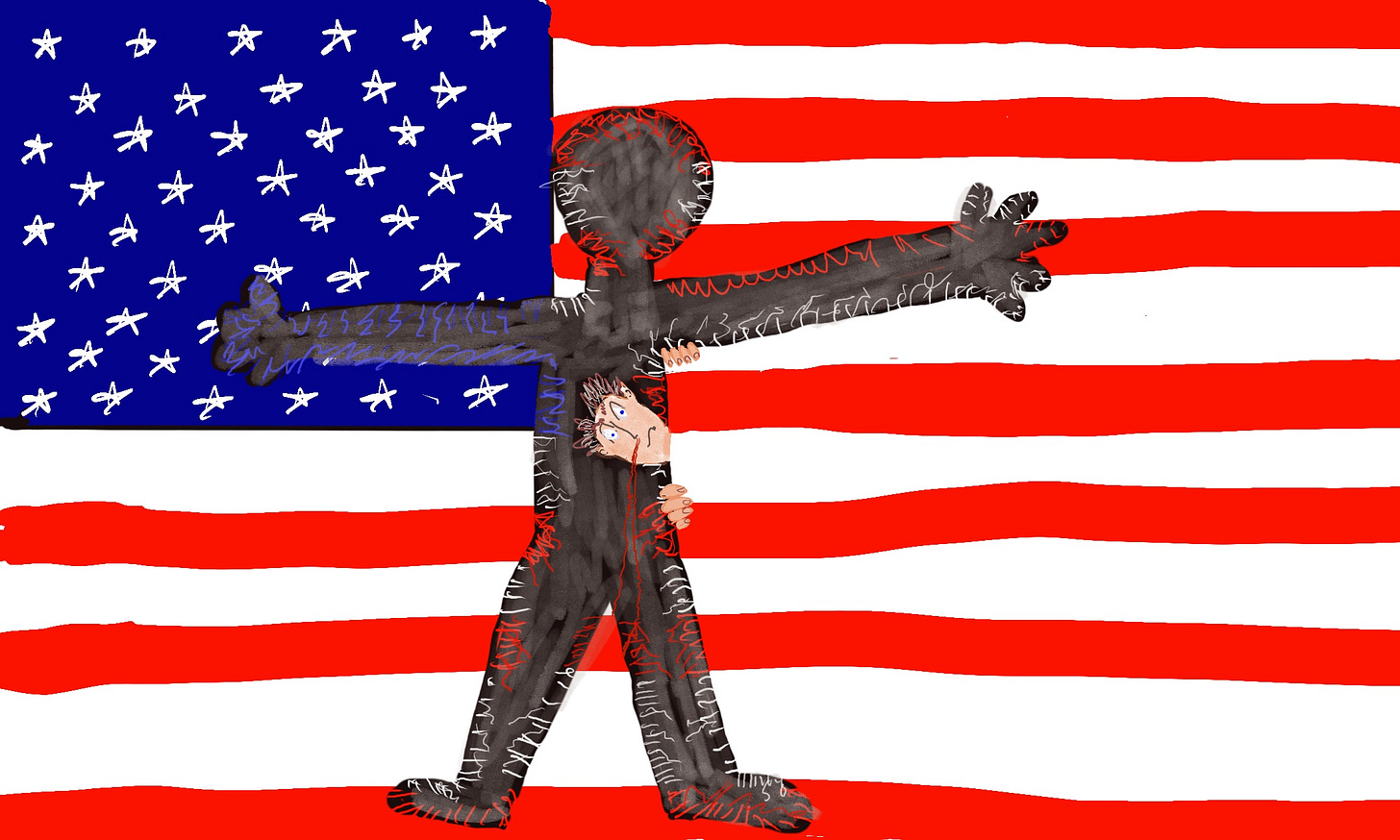 American flag with a face peeking out of it.