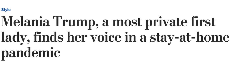 Melania Trump, a most private first lady, finds her voice in a stay-at-home pandemic. Melania Trump, a most private first lady, finds her voice in a stay-at-home pandemic.