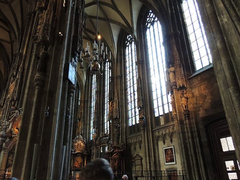 a huge gothic cathedral and photos of altars, sculptures, and architecture inside