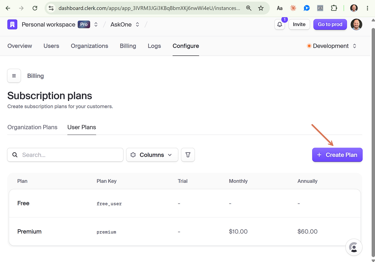 Go to Clerk Dashboard > Configure > Billing > User Plans. Define subscription plans Go to Clerk Dashboard > Configure > Billing > User Plans. Define subscription plans