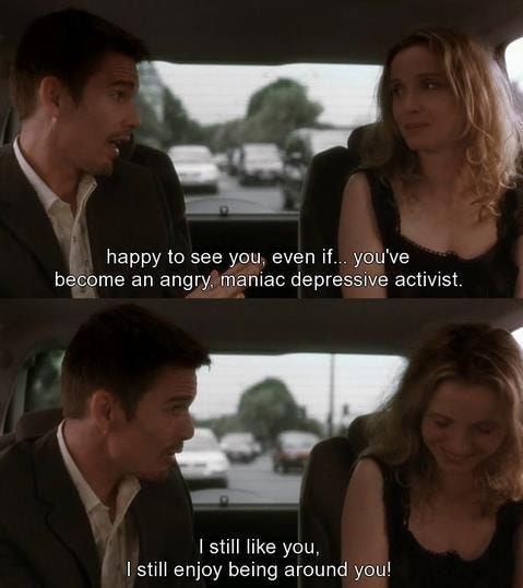 Jesse and Celine from Before Sunset arguing in the back of a cab