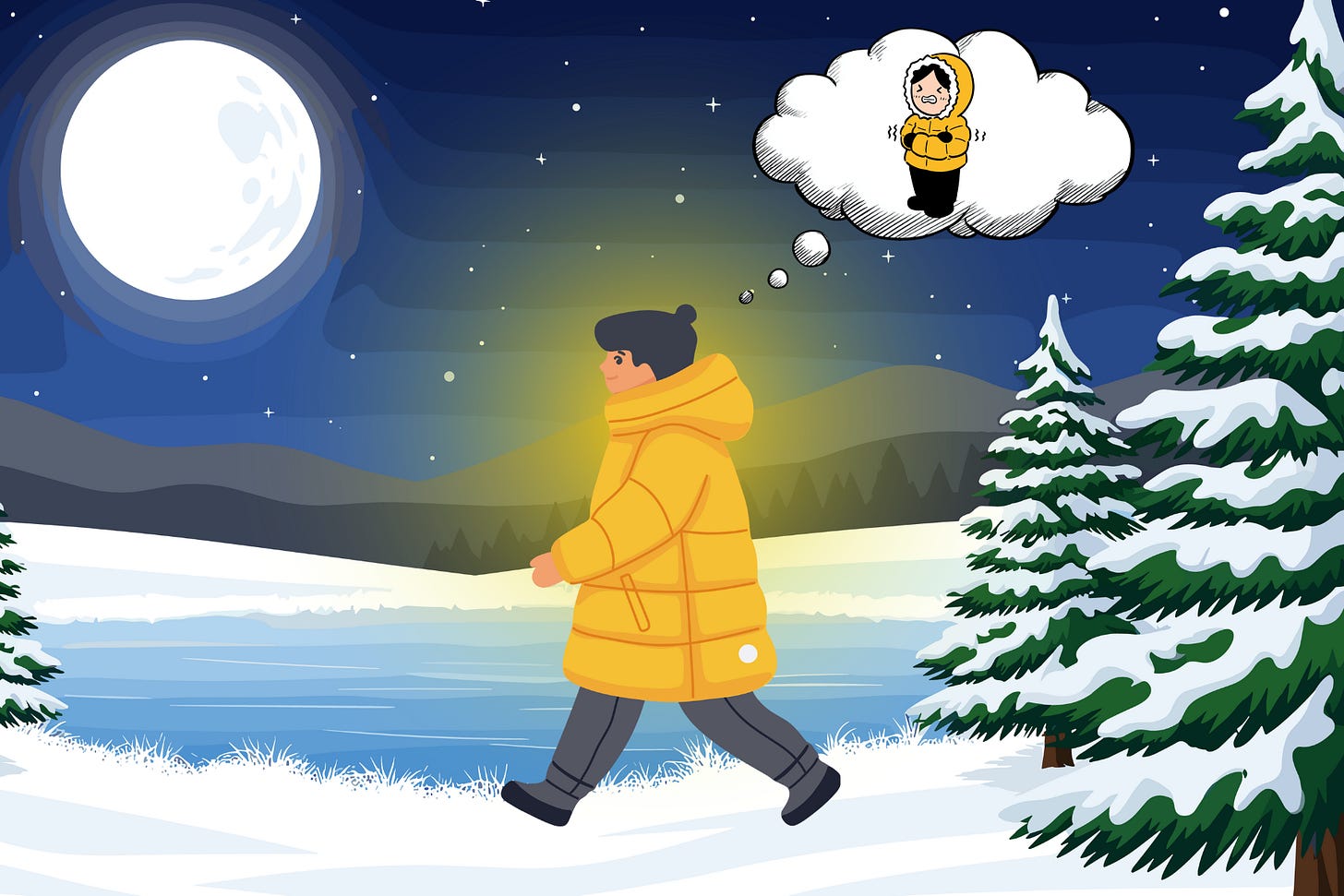 Illustration of a person walking through a snowy winter landscape at night, bundled in a bright yellow parka. A large moon glows in the sky, casting light over frozen trees and a snow-covered path. A thought bubble above their head shows a cartoon version of themselves shivering dramatically in the cold, reflecting their inner reaction to the freezing temperature.
