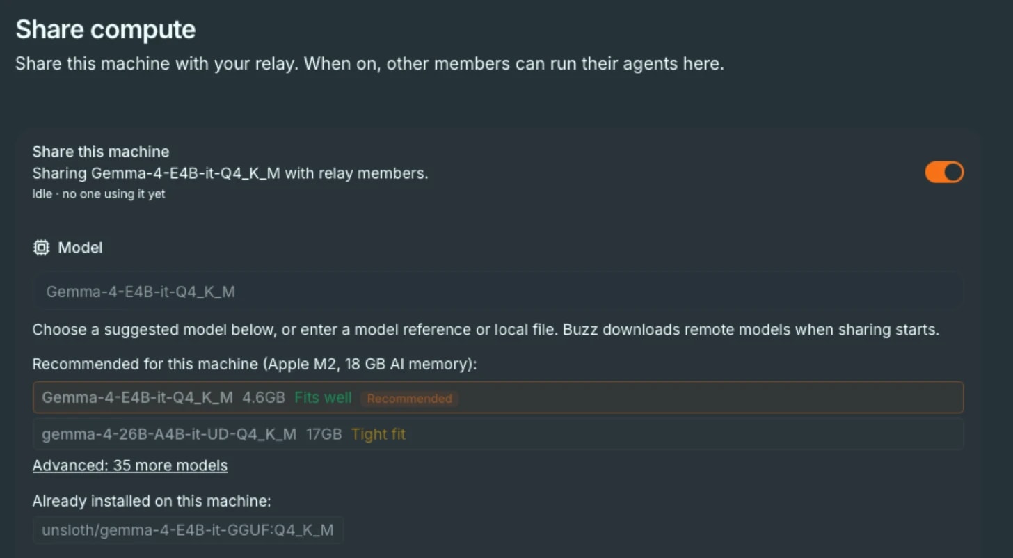 Buzz compute settings with the "Share this machine" toggle switched on, making this Mac the first node of the community mesh