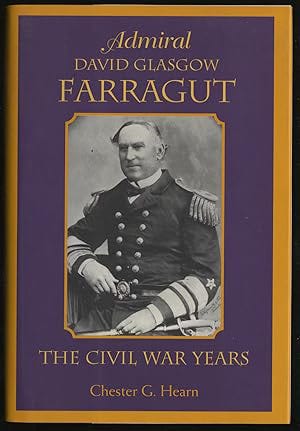 Book cover showing an older Admiral Farragut seated in uniform with a double-breasted coat, set within a gold frame on a deep purple background with gold serif title text.