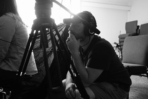 9 photos from the interview day with David. Photos feature Claire, Murray, Garrett, Jody, & David on set in the church sanctuary.