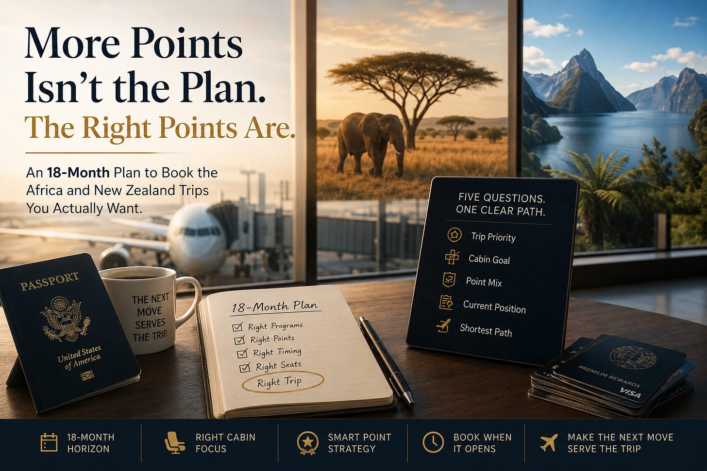 Airport lounge hero image showing a passport, travel cards, notebook labeled 18-month plan, and tablet with trip planning questions, with dream views of Africa and New Zealand beyond the terminal windows. The image represents points strategy, business class award travel planning, and building the right credit card points for future trips.