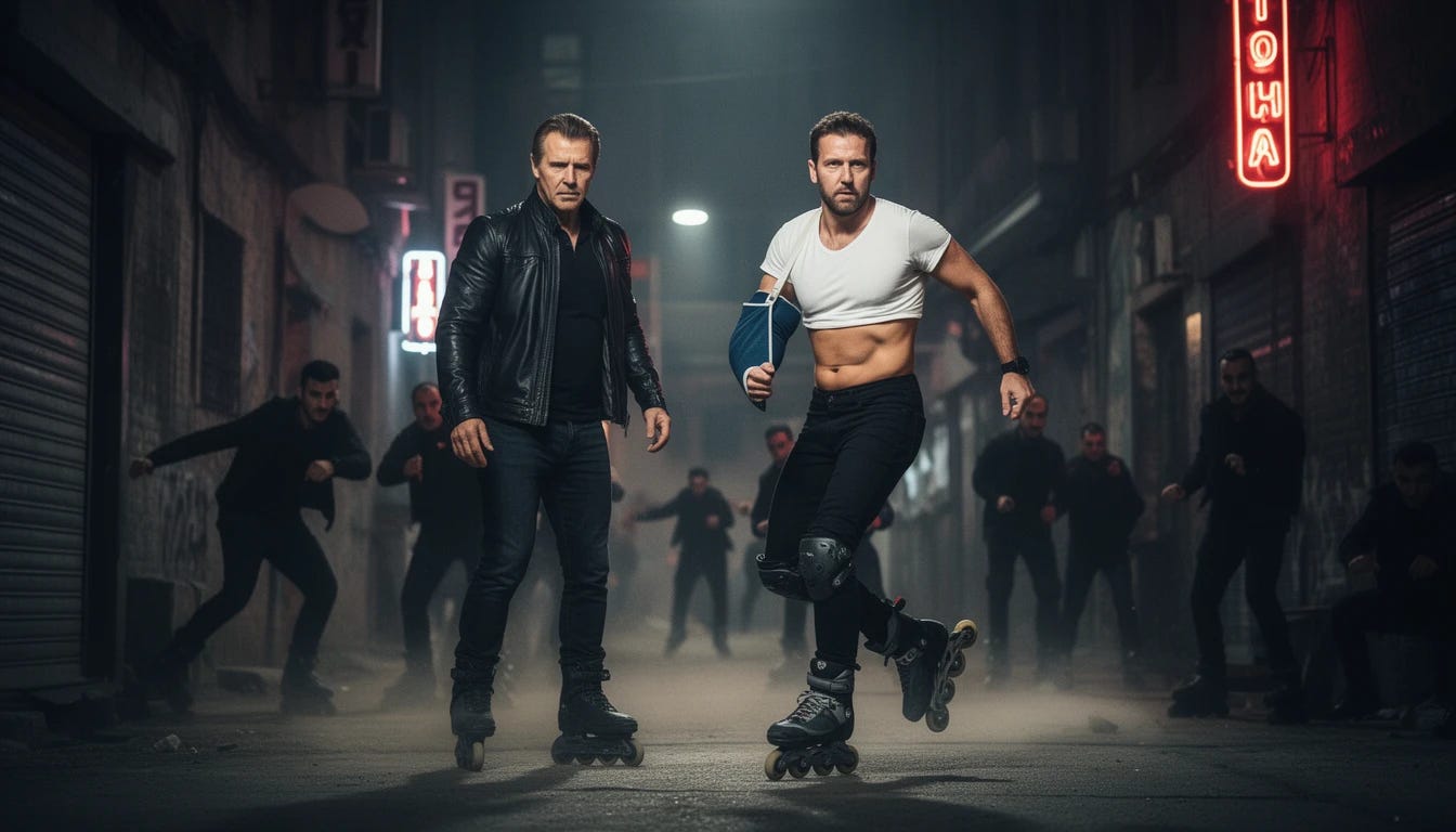 Man with arm in sling, rollerblading in belly shirt, fighting off the Albanian mafia with Liam Neeson Man with arm in sling, rollerblading in belly shirt, fighting off the Albanian mafia with Liam Neeson