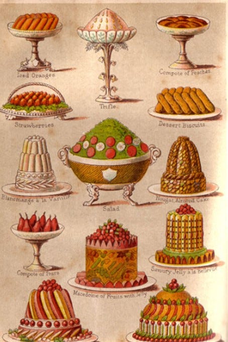 Illustrations of fancy dishes served in the regency period