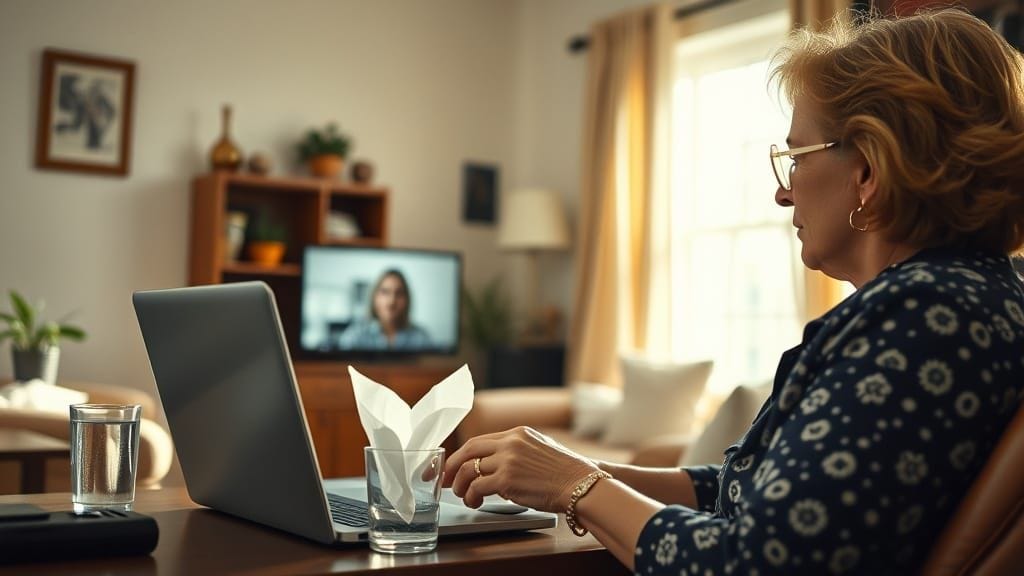 The scene occurs in a modest living room. Wide establishing shot of a middle age woman talks to another woman through he... The scene occurs in a modest living room. Wide establishing shot of a middle age woman talks to another woman through he...