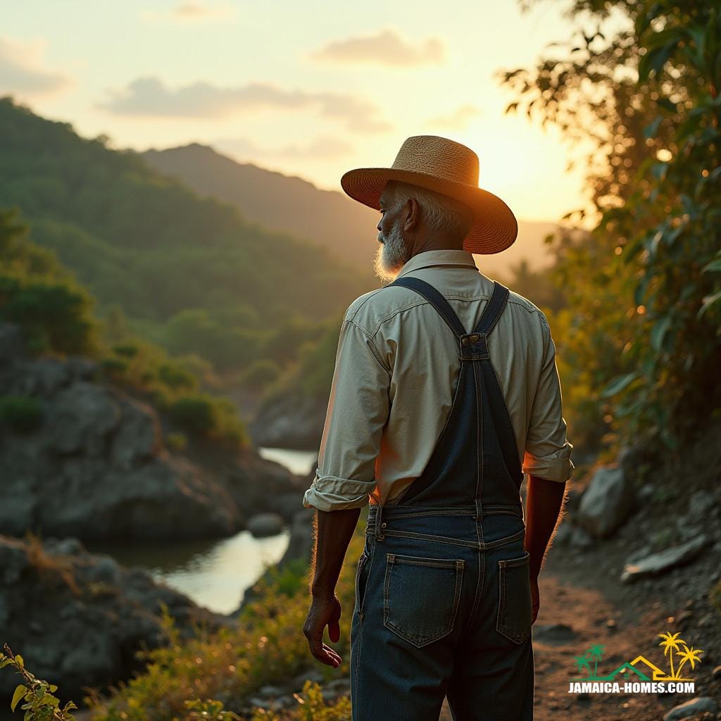 Weathered, aged Jamaican landowner, clad in worn, earth-toned denim overalls and a faded, wide-brimmed straw hat, stands resolute, gazing out upon the unforgiving, rugged terrain of his Caribbean estate, a seemingly inhospitable landscape of twisted mangroves, dense foliage, and jagged, rocky outcroppings. Warm, golden light, infused with a hint of nostalgic, cinematic warmth, casts long shadows, as if shot on 35mm film, evoking the gritty, tactile texture of celluloid. Inspired by the works of cinematographer Emmanuel Lubezki