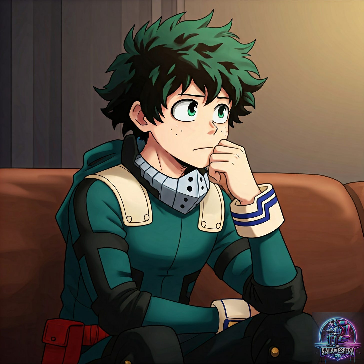 Izuku Midoriya em seu traje de herói Deku refletindo sobre a vida em um sofá confortável.