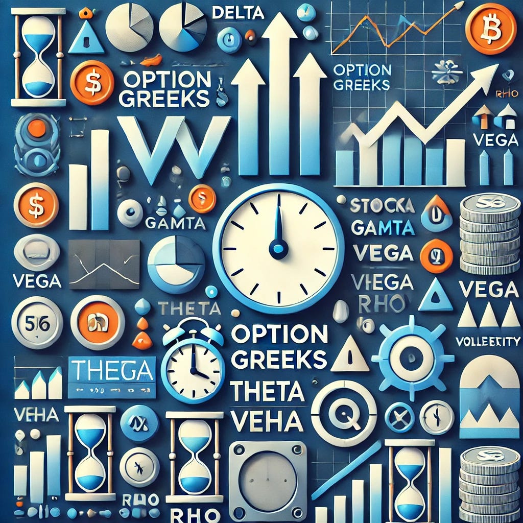 An image visually representing the concept of option Greeks with financial objects and symbols. Depict the main option Greeks—Delta, Gamma, Theta, Vega, and Rho—each symbolized by related financial images like graphs, stock tickers, coins, clocks, volatility charts, and interest rate symbols. Delta might be represented by an upward or downward stock trend, Gamma by a sensitivity meter, Theta by a clock, Vega by volatility icons, and Rho by interest rate signs. Use a modern, clean style suitable for a financial setting.