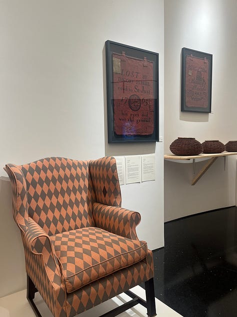 1-3. Bonfield Block Printers Poacher's Jacket, After Albert chair, and LOST (Talisman) printed bag.