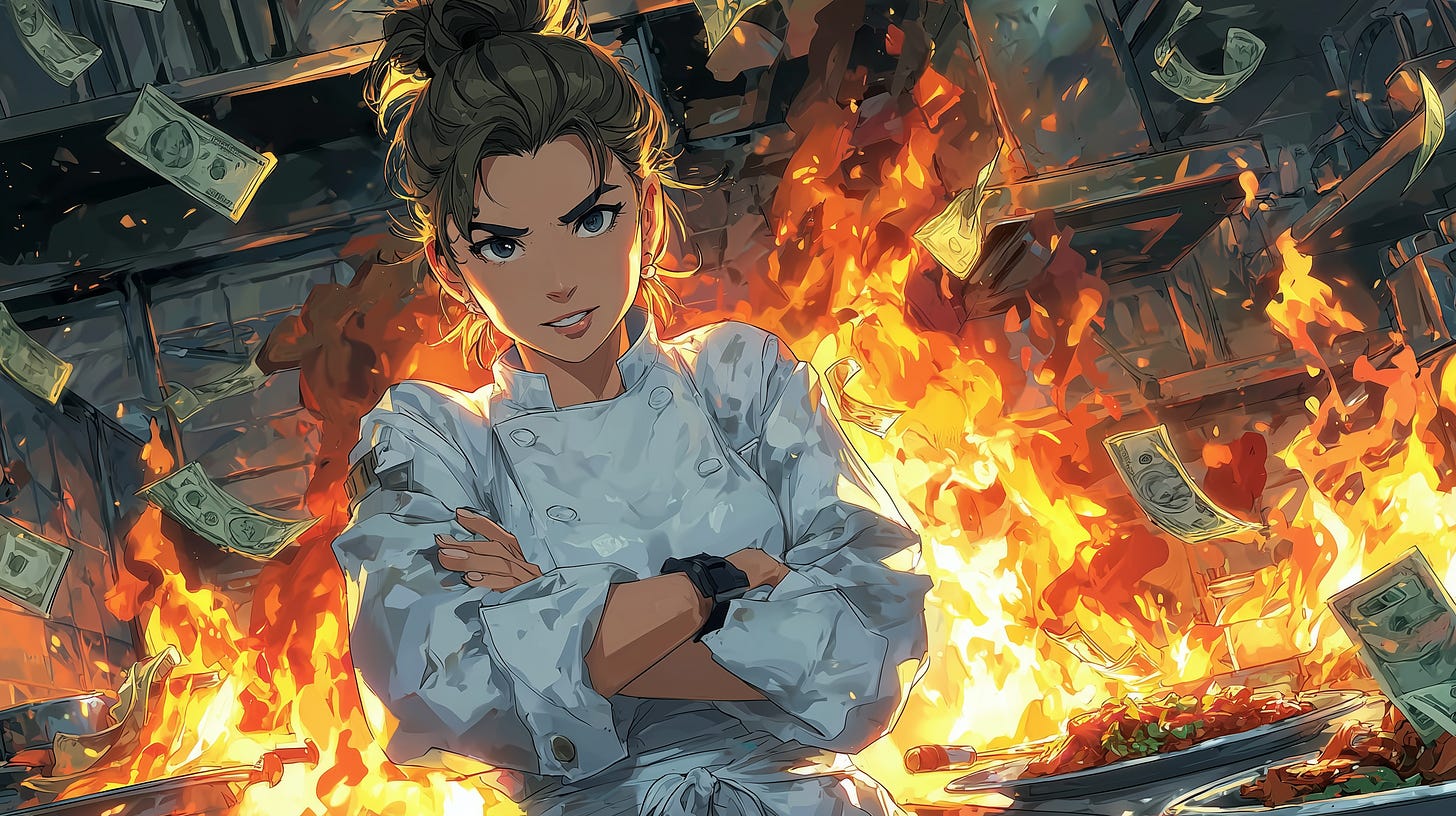 Expressionist gouache painting of a woman chef standing defiantly in a burning restaurant kitchen, surrounded by crashing plates and burning dollar bills, rendered in bold angular brushstrokes with a palette of burnt orange, crimson, and black.