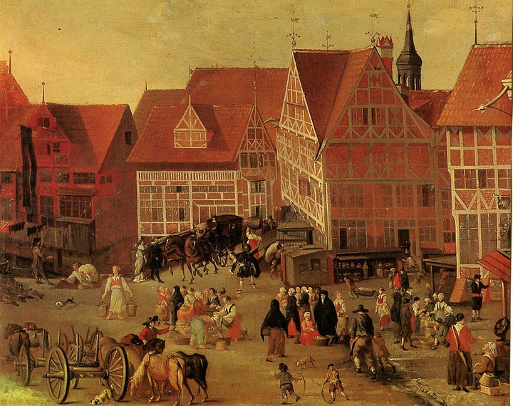 Paintings and drawings of 17th century Hamburg buildings, walls, and market square