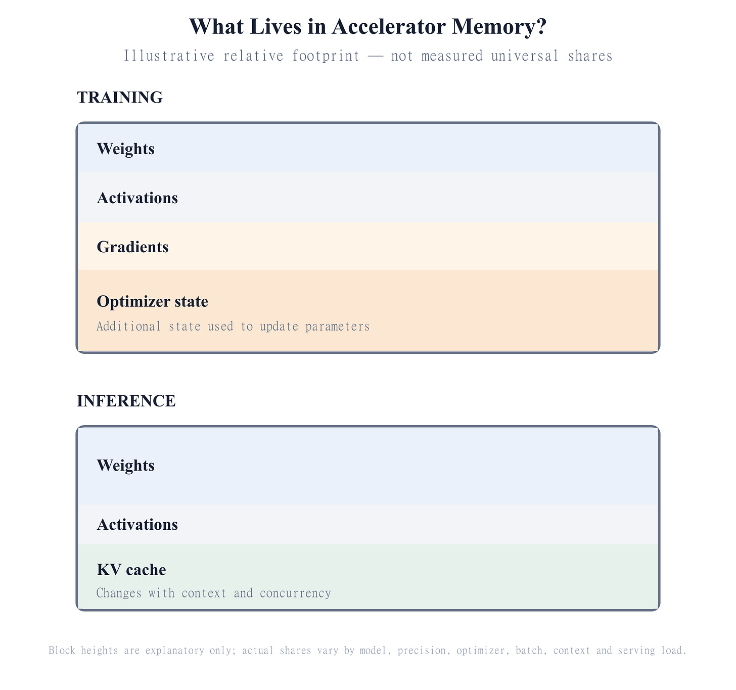 What occupies accelerator memory during training and inference Two vertically stacked conceptual memory blocks show weights, activations, gradients and optimizer state during training, and weights, activations and KV cache during inference. Segment heights are illustrative rather than measured universal shares.